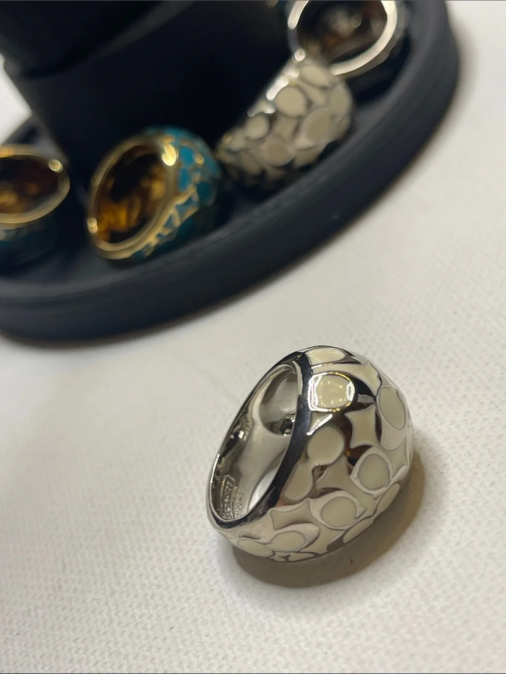 Coach Enamel C Pattern Statement Ring - White & Silver - Picture 3 of 6
